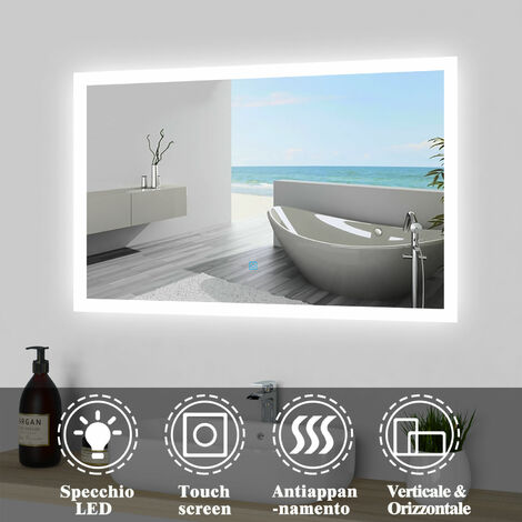 Specchio da Bagno OCEAN ITALY con LED, Bianco Freddo 6000K, Interruttore Single Touch, Lente Anticalcare, Luce Soffusa All'esterno，IP44
