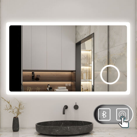 100x60cm.Specchio da bagno a LED con Bluetooth, Lente d'ingrandimento 3x, antiappannamento e luminosità regolabile.