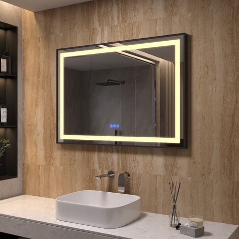 100x70 cm Badspiegel LED Beleuchtungsspiegel Antibeschlage Badezimmerspiegel Kaltweißes 6400K & Warmweiß 3000K SAUTENS-Serie Schwarz Rahmen Energiesparend Lichtspiegel
