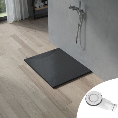100x80 cm Duschwanne Schwarz Duschtasse flachem Design inklusive Ablaufgarnitur, Ablaufloch ∅ 90 mm, Zuschneidbar, Leicht zu reinigen