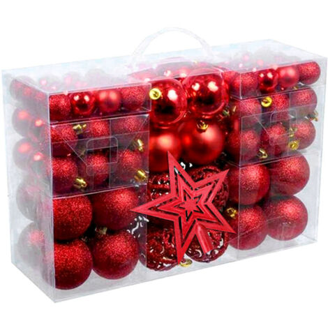 101 Boules de Noël avec des Décoration de Sapin de Noël de ∅3, 4 et 6 cm et des étoiles Rouges à Cinq Branches de 18 cm pour Noël, Nouvel an, Fêtes, Célébrations, Mariages et Décorations Festives