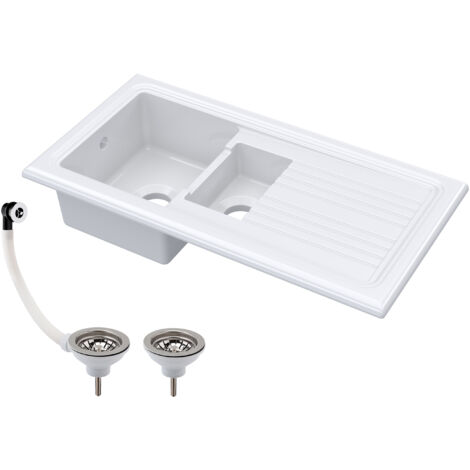 101cm 1.5 Bowl Fireclay Inset Kitchen Sink, Drainer and Compatible Wastes, White