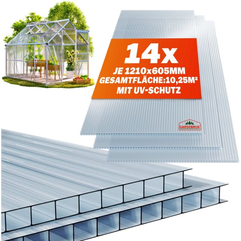 Plaque de polycarbonate creux 10,25 m² 14 unités Plaques à double paroi 4mm d'épaisseur Serre abri