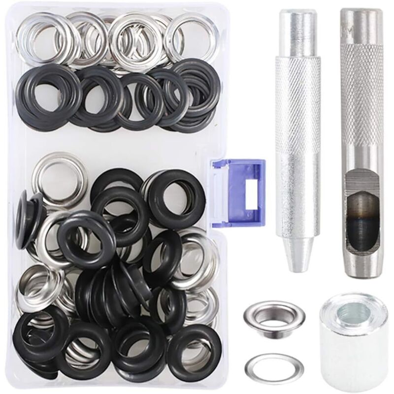 103pcs Trousse à Œillets en Métal, Outils de Réparation pour Bâches, Rideaux et Vêtements, Noir et Argent