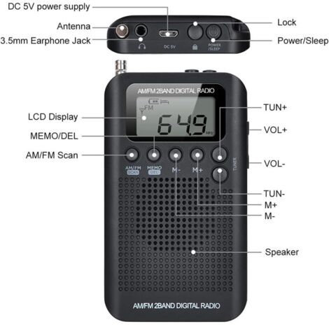 (103x60x15mm) Mini radio tascabile portatile con altoparlante, ricevitore stereo digitale FM/AM DSP con sveglia e timer per uso domestico e all'aperto, radio personale con cuffie