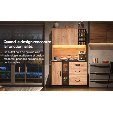 105 × 40 × 180 cm. Meuble de cuisine moderne, en couleur noire avec finition en bois. Il est équipé d’une lumière LED, de compartiments réglables et d’un prise électrique au style européen. Idéal pour