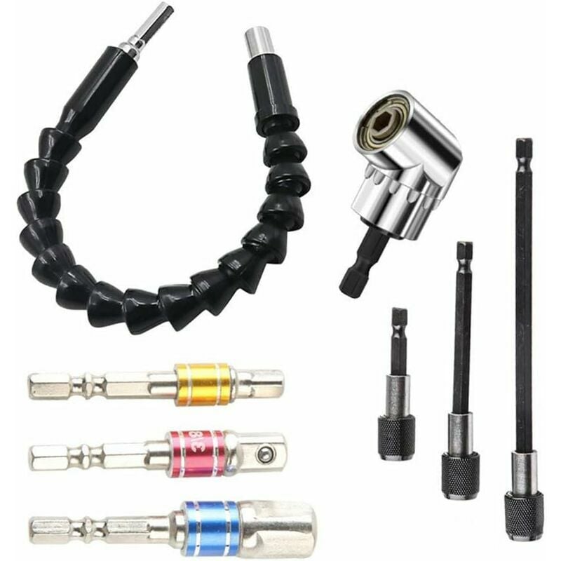 105 Degree Right Angle Drill Adapter + 7mm-19mm Universal Ratchet Drill Adapter + 1/4 'Flexible Extension Soft Shaft Drill Holder + 3 Impact Socket