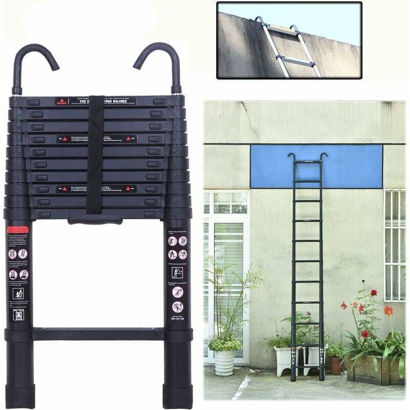 10.5 ft Aluminum Telescoping Ladder with 2 Detachable Roof Hooks(2.8 inch), Lightweight Telescopic Extension Ladder for Home, Multi-Purpose Rv Ladder
