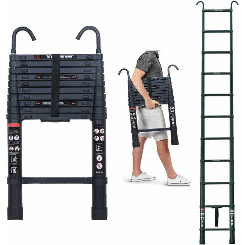 10.5 ft Telescoping Ladder Aluminum Telescopic Extension Ladder with 2 Detachable Hooks and Non-Slip Feet,3.2m black Collapsible Ladder Fully