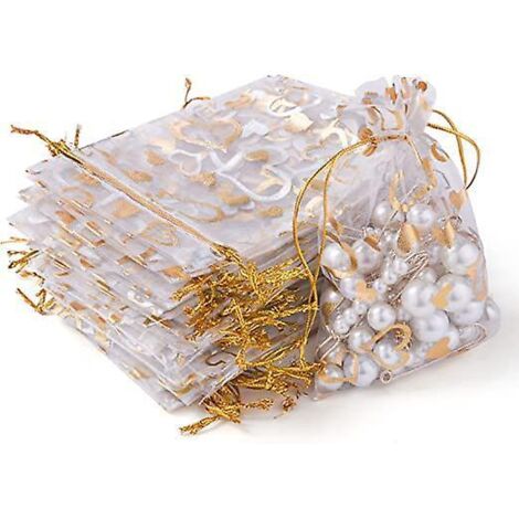 105 Organzabeutel, 10 x 15 cm, weiße Organza-Geschenktüten mit Herzmuster und Kordelzug, Schmuckbeutel, Lavendelbeutel