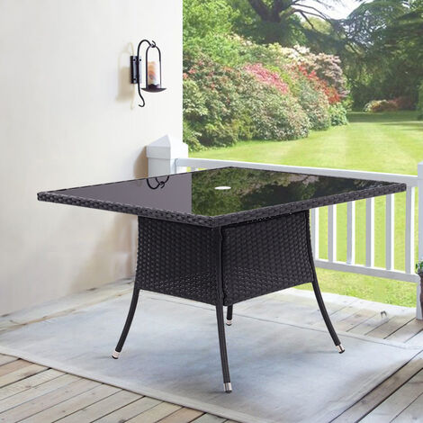 main image of "105CM Patio Garden Square Rattan Glass Table With Umbrella Hole"