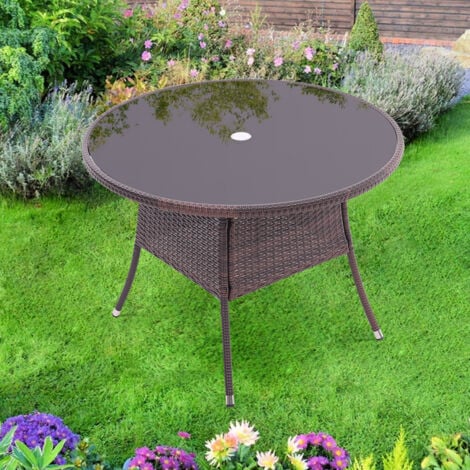 105cm Round Garden Wicker Tempered Glass Table with Parasol Hole,Brown