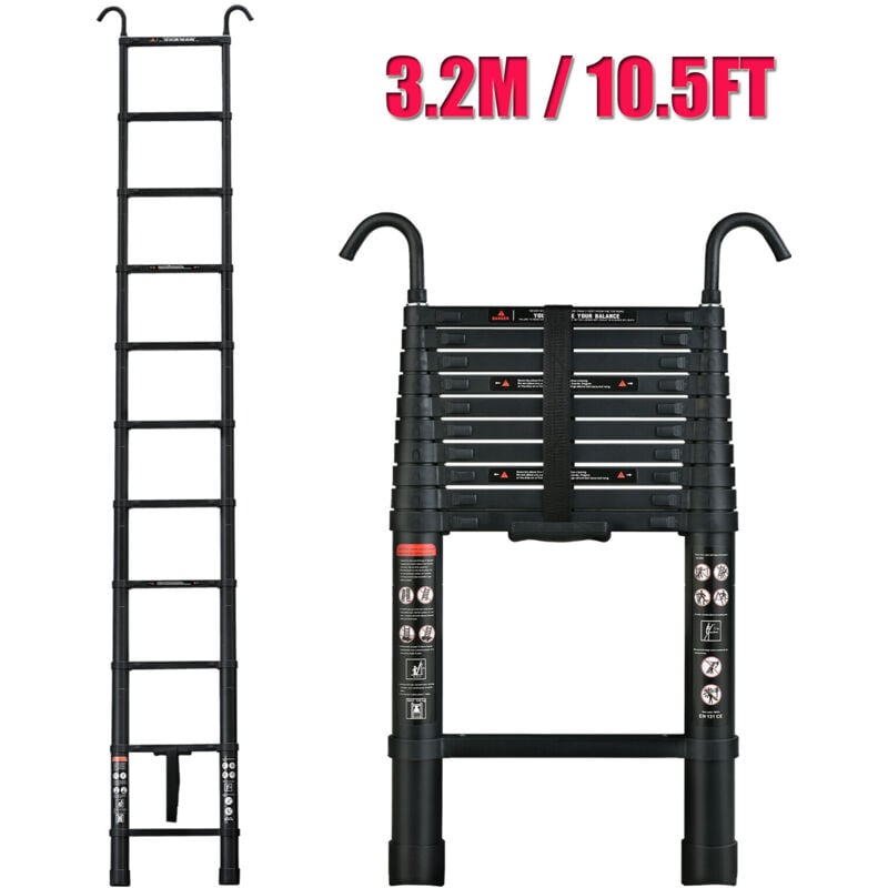 10.5FT Échelle télescopique de 3,2 m avec crochet, échelle à rallonge en aluminium, échelle pliante antidérapante, échelle polyvalente en aluminium