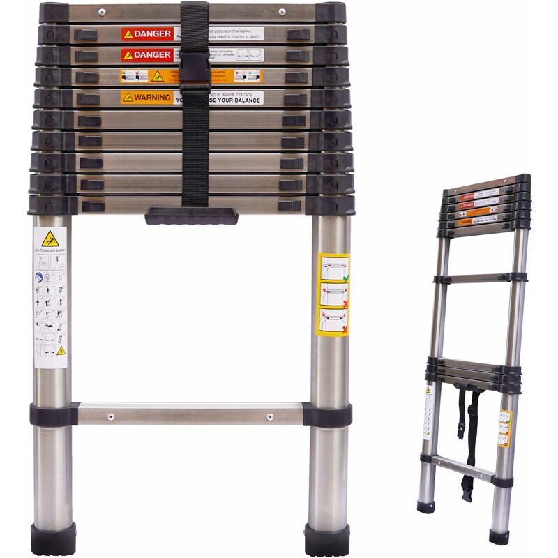 10.5ft Telescoping Ladder Stainless Steel Heavy Duty 330lbs Max Load, EN131 Certificated, Folding Extension Ladder Adjustable Height Portable Compact