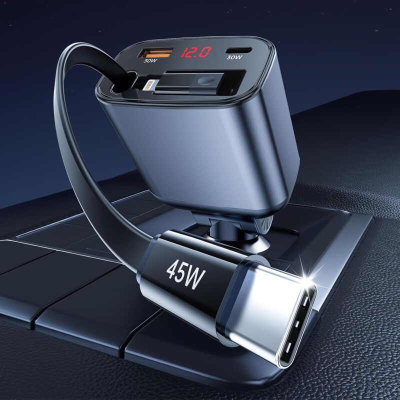 105W Chargeur Voiture Allume Cigare USB, 45W PD Chargeur de Voiture Rétractable, 30W QC3.0 Adaptateur de Charge Rapide, avec Voltmètre LED DC12-24V