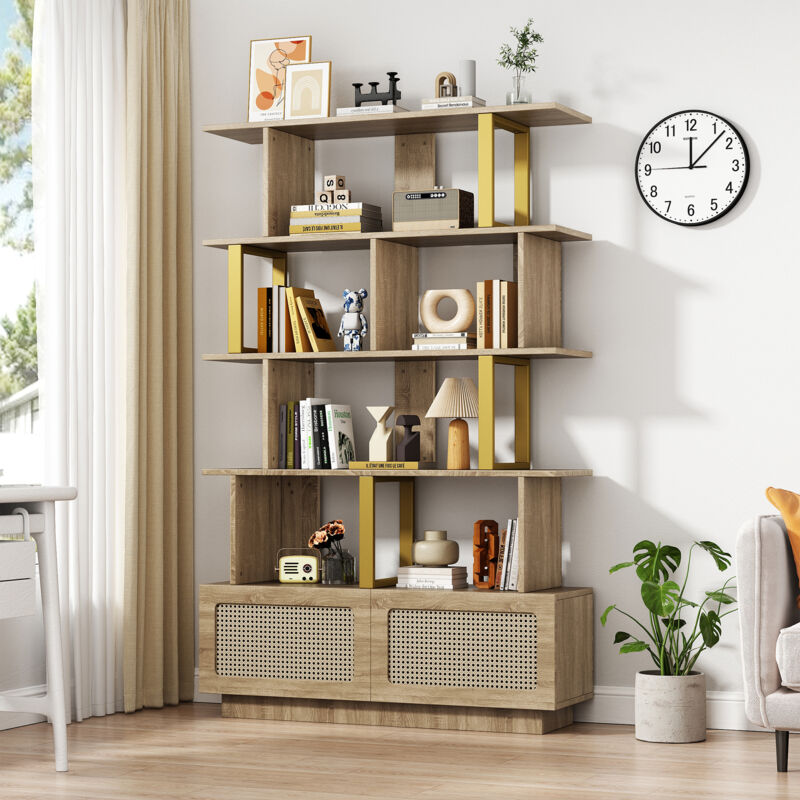 Okwish - Bibliothèque, étagères ouvertes, espace de rangement, avec portes en rotin et dispositif de sécurité dispositif anti-basculement, en bois et