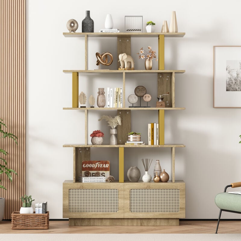 Redom - 105x31,7x160 cm Bibliothèque de haute qualité avec portes en rotin et dispositif de sécurité - étagères ouvertes, combinaison bois/métal,