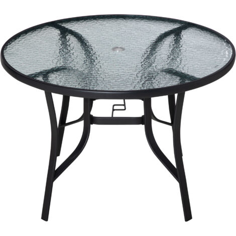 106cm Round Garden Dining Table with Parasol Hole Tempered Glass Top Steel Frame