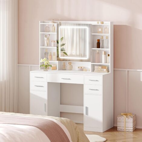 108 cm Coiffeuse avec Miroir et Lumières LED, Luminosité Réglable, Tiroirs, Armoire et Étagères Ouverts, Table de Maquillage, Miroir avec Étagères Cachées, pour Chambre à Coucher, Blanc