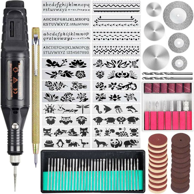 Kinsi - 108 Pcs Graveur Électrique- Stylo Graveur Filaire Multifonctionnel, Outil Rotatif Bricolage pour Bijoux, Verre, Bois, Métal