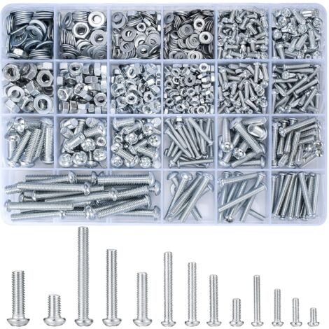 1080 pcs Vis à tête ronde Écrous Rondelles plates Assortiment Kit, M3 M4 M5 M6 Vis à métaux à tête cylindrique cruciforme et boulons et écrous hexagonaux Ensembles - 900 g/16 Taille (argenté 1080)