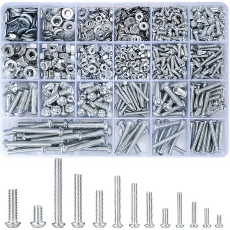 1080 pcs Vis à tête ronde Écrous Rondelles plates Assortiment Kit, M3 M4 M5 M6 Vis à métaux à tête cylindrique cruciforme et boulons et écrous hexagonaux Ensembles - 900 g/16 Taille (argenté 1080)