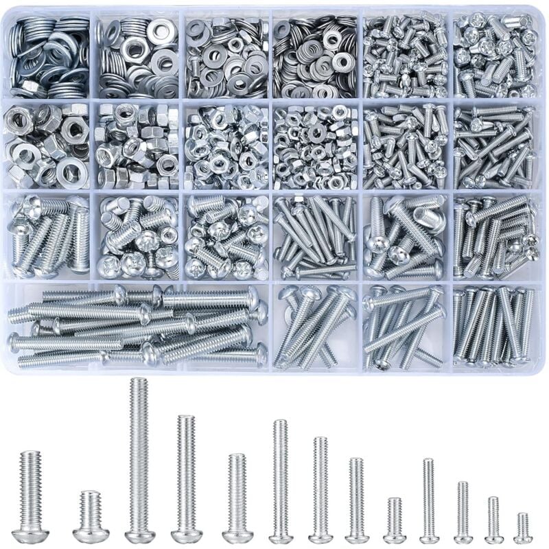 Bluedeer - 1080 pcs Vis à tête ronde Écrous Rondelles plates Assortiment Kit, M3 M4 M5 M6 Vis à métaux à tête cylindrique cruciforme et boulons et