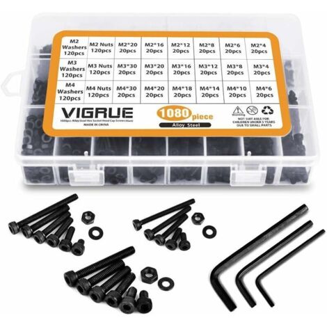 1080 pièces M2 M3 M4 boulons à vis en acier au carbone écrous et rondelles Kit d'assortiment de avec boîte de rangement plat (1080 pièces)