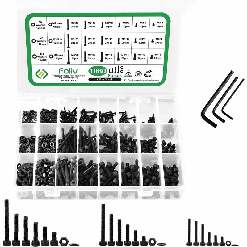 1080 stücke M2 M3 M4 Kohlenstoffstahl Sechskantschrauben Innensechskantschrauben-Kit mit Muttern-Sortiment (Schwarz) | 06220058016820 1080 stücke M2 M3 M4 Kohlenstoffstahl Sechskantschrauben Innensechskantschrauben-Kit mit Muttern-Sortiment (Schwarz) | 06220058016820