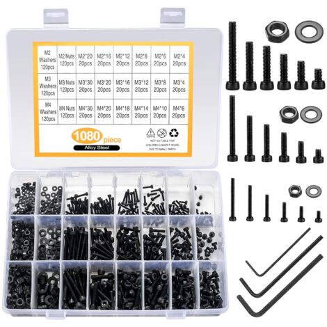 1080-teiliges M2 M3 M4-Schrauben- und Muttern-Set, Innensechskantschrauben und -bolzen sowie Muttern und Unterlegscheiben, schwarze Rundkopf-Gewindeschrauben und Muttern und Unterlegscheiben aus Karbo