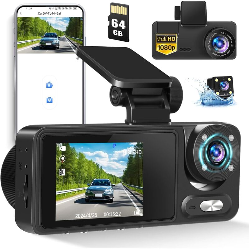 1080P Dashcam Voiture Avant arrière et intérieur WiFi avec contrôle APP, Grand Angle 3 Canaux avec SD 64G, Caméras Avant et Arrière avec Vision