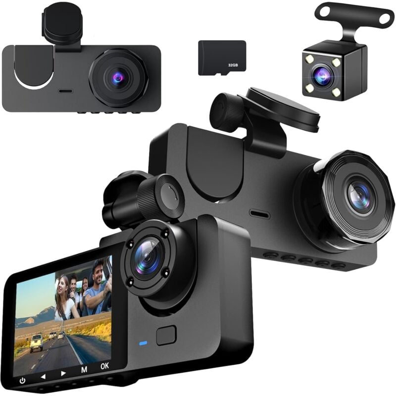 1080P Dashcam Voiture Avant Arrière Intérieur, avec Carte SD 32GB, Caméra de Voiture avec Surveillance de Stationnement, Détection de Mouvement, 170°