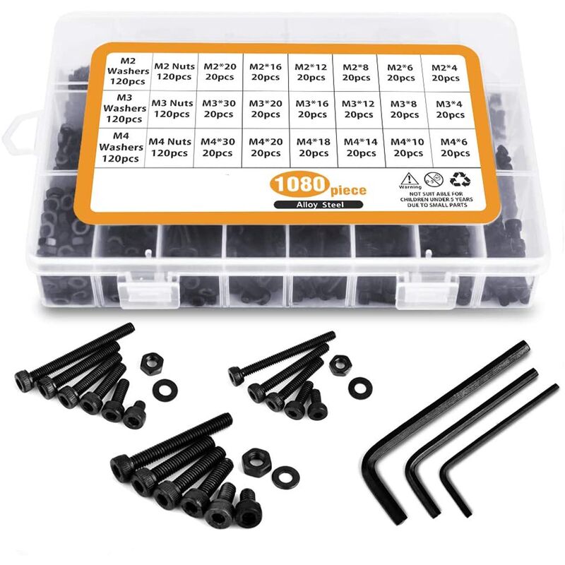 

1080PCS M2 M3 M4 Tornillos de cable de cabeza hueca de acero al carbono con surtido de tuercas (Negro)