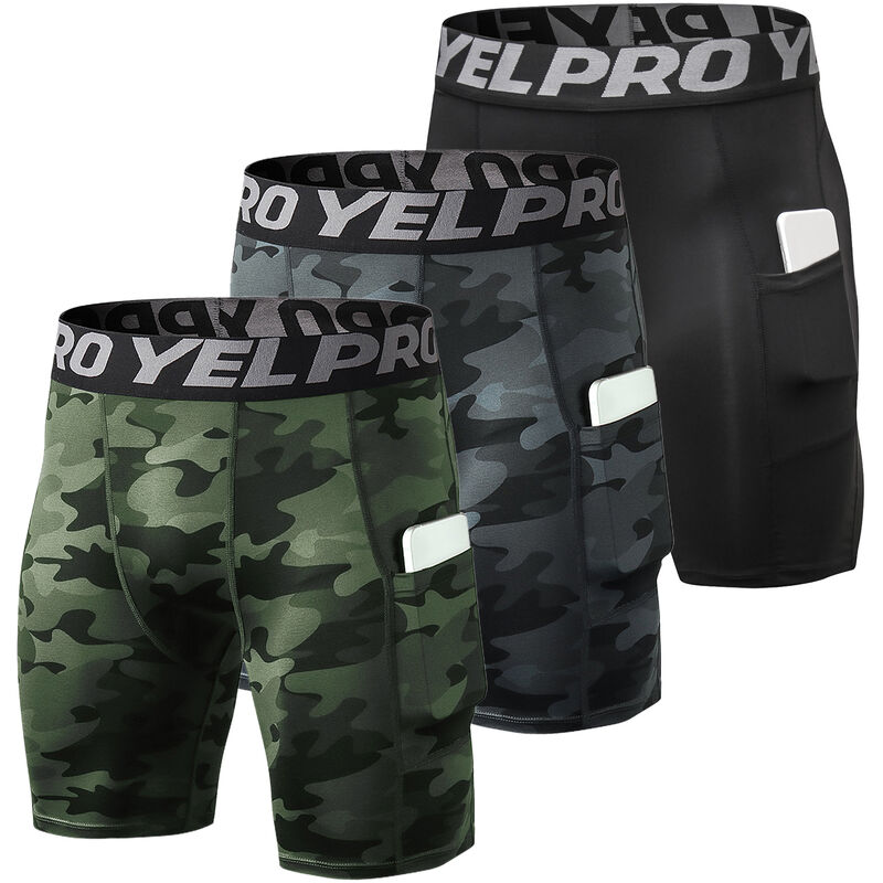 

Pack de 3 pantalones cortos deportivos para hombre Ropa interior de entrenamiento activo con bolsillo, Camuflaje negro y negro y camuflaje verde, M