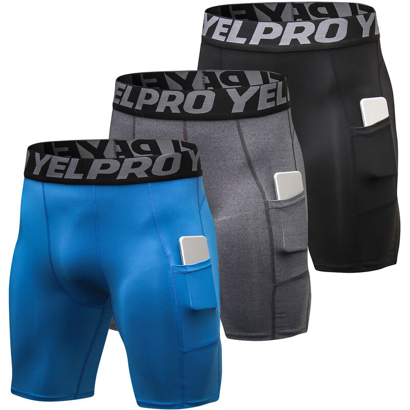 

Pack de 3 pantalones cortos deportivos para hombre Ropa interior de entrenamiento activo con bolsillo, Azul claro, gris y negro, S