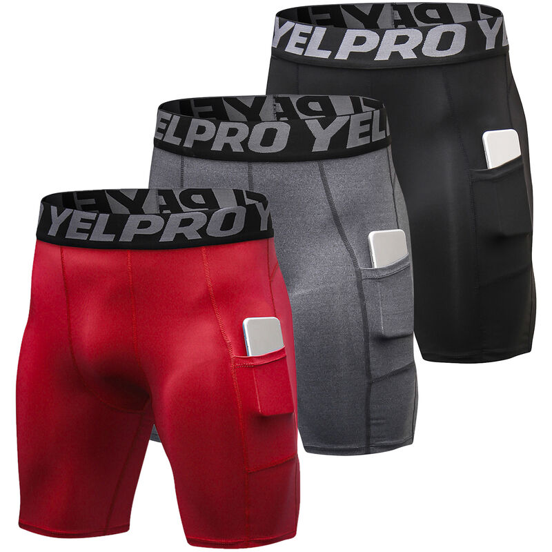 

Pack de 3 pantalones cortos deportivos para hombre Ropa interior de entrenamiento activo con bolsillo, Negro y gris y rojo, XXL