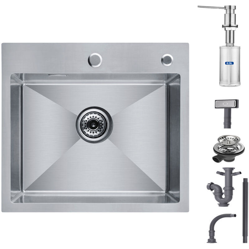 Cecipa - vier de Cuisine 1 Bac, Évier de Cuisine 50 x 45 x 18,5 cm, Évier de Cuisine Carré Inoxydable Brossé + Distributeur de Savon Brossée