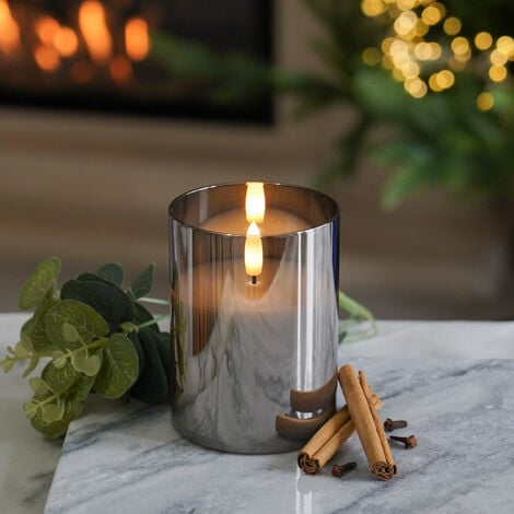 10cm Battery Power Real Wax Authentic Flame LED Christmas Candle Grey Smoked Glass  Indoor Home Bedroom Decoration Flameless Flickering