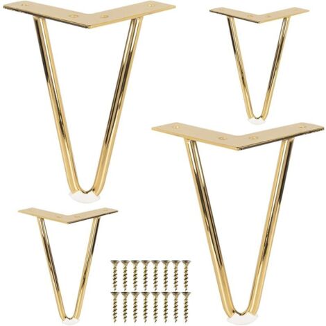 10CM Pieds De Meubles en Métal, Lot de 4 Pieds De Table en Épingle à Cheveux en Fer avec Vis,Remplacement Pieds De Lit Métallique pour Canapé Chaise Cabinet Fauteuil Armoire Meuble TV,Doré