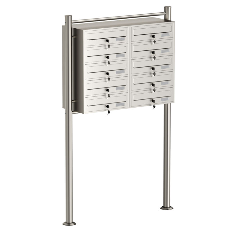 Wiltec - Boîte aux lettres sur pieds Acier inox 270 x 898 x 1500 mm, avec 10 Compartiments verrouillables 2x5 et Porte-nom, pour Courrier Wiltec - Boîte aux lettres sur pieds Acier inox 270 x 898 x 1500 mm, avec 10 Compartiments verrouillables 2x5 et Porte-nom, pour Courrier