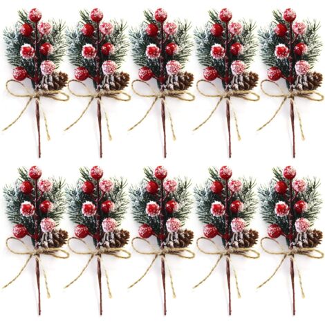 10er-Pack 15,2 cm lange rote Weihnachtsbeerenstiele – kleine künstliche Weihnachtsspieße und -sprays mit Tannenzapfen, Stechpalme, Weihnachtsbeeren, Blumendekorationen für Weihnachtskränze