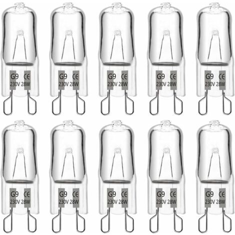 SOLEIL 10er Pack G9 Halogenlampen, G9 Halogen Leuchtmittel 28W 230V 2700K Dimmbare G9 Halogen Glühbirnen für Backofenlampe Mikrowellen Herd Deckenleuchten [Energieklasse G]