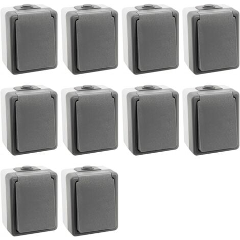 10er Set Feuchtraum Steckdose Serie Secure Aufputz IP44 250V grau Einzelsteckdose