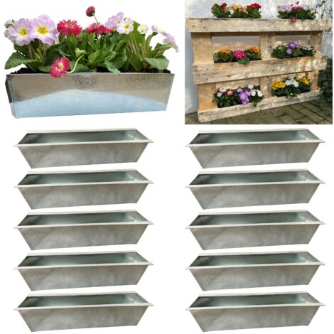 10er Set Zink Paletten Blumenkästen - Einsatz 38cm groß Silber - aus Metall verzinkt - Zinkkasten Pflanzkasten Balkonkasten Blumentopf für Europaletten