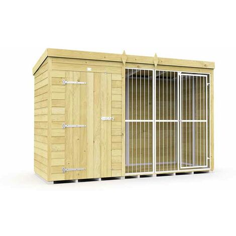 10ft X 4ft Dog Kennel and Run Full Height with Bars - Wood - L118 x W302 x H201 cm