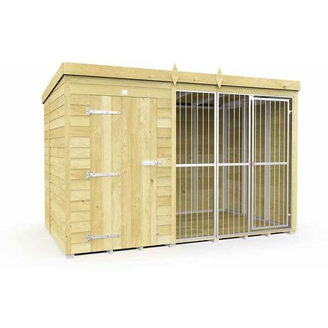 10ft X 6ft Dog Kennel and Run Full Height with Bars - Wood - L178 x W302 x H201 cm