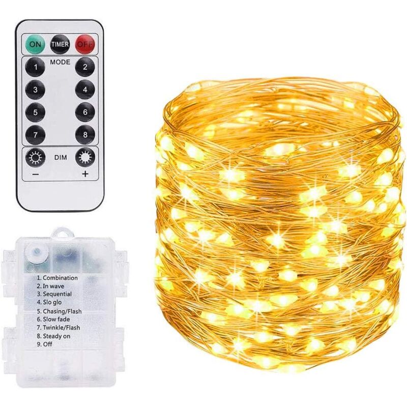10M 100LED Guirlande Lumineuse,Fil Cuivre Guirlande Lumineuse à Piles avec Télécommande pour Carnaval Fête Anniversaire Party Mariage Jardin IP65