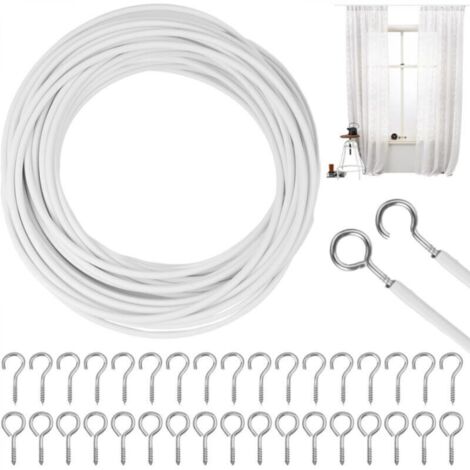 10M Cable Rideau, avec 25 Pièces Boulons à Oeil 25 Pièces Crochets à Visser, pour Suspendre des Rideaux, Rideaux de Douche