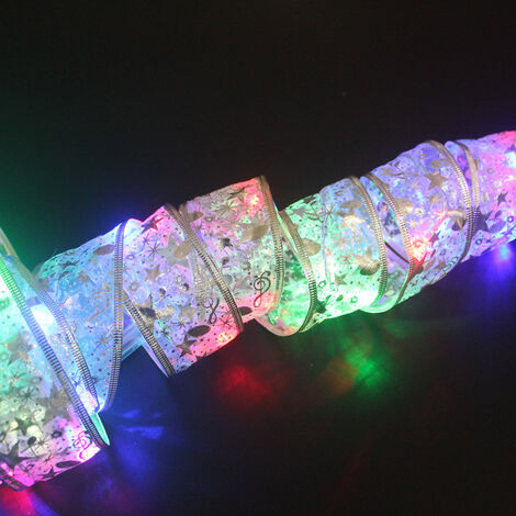 10m Christmas Ribbon LED String Lights, Christmas Ornaments Christmas Tree Decoration Pendant Gift Bronzer Double Layer Ribbon(Silver, Colorful Light)