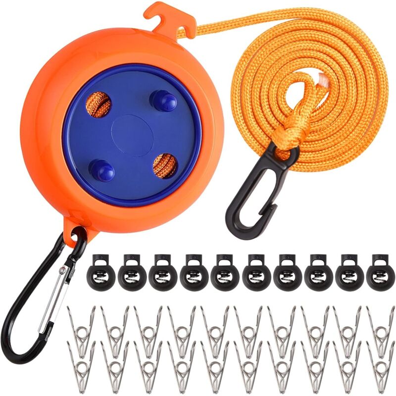 10m Corde a Linge Retractable, Corde a Linge Camping avec 10 Boucles Fixes et 20 Pinces à Linge, Fil Linge Retractable Portable, Corde à Linge